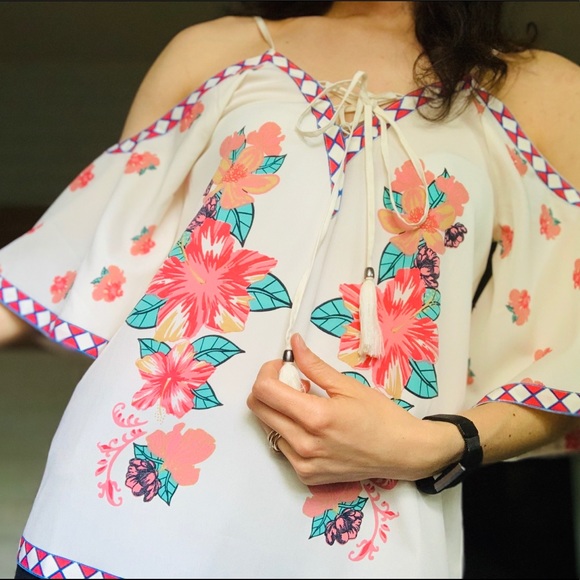 Boho Cold Shoulder Corset Tie Crop Floral Top Med - Picture 4 of 9